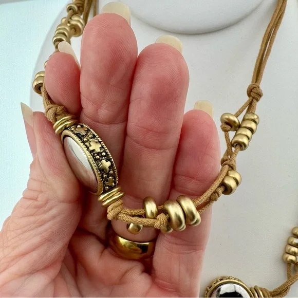 Chico's Tan and Gold Beaded Necklace on a Tan Leather Strap long EUC - Picture 4 of 10